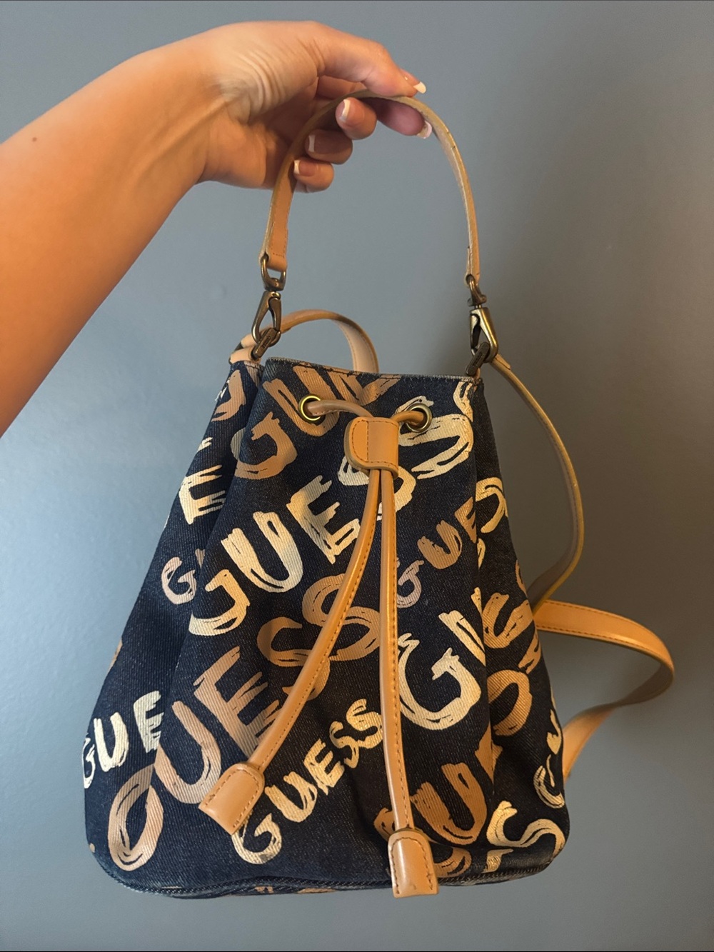 Guess Navy and Tan Logo Drawstring Backpack